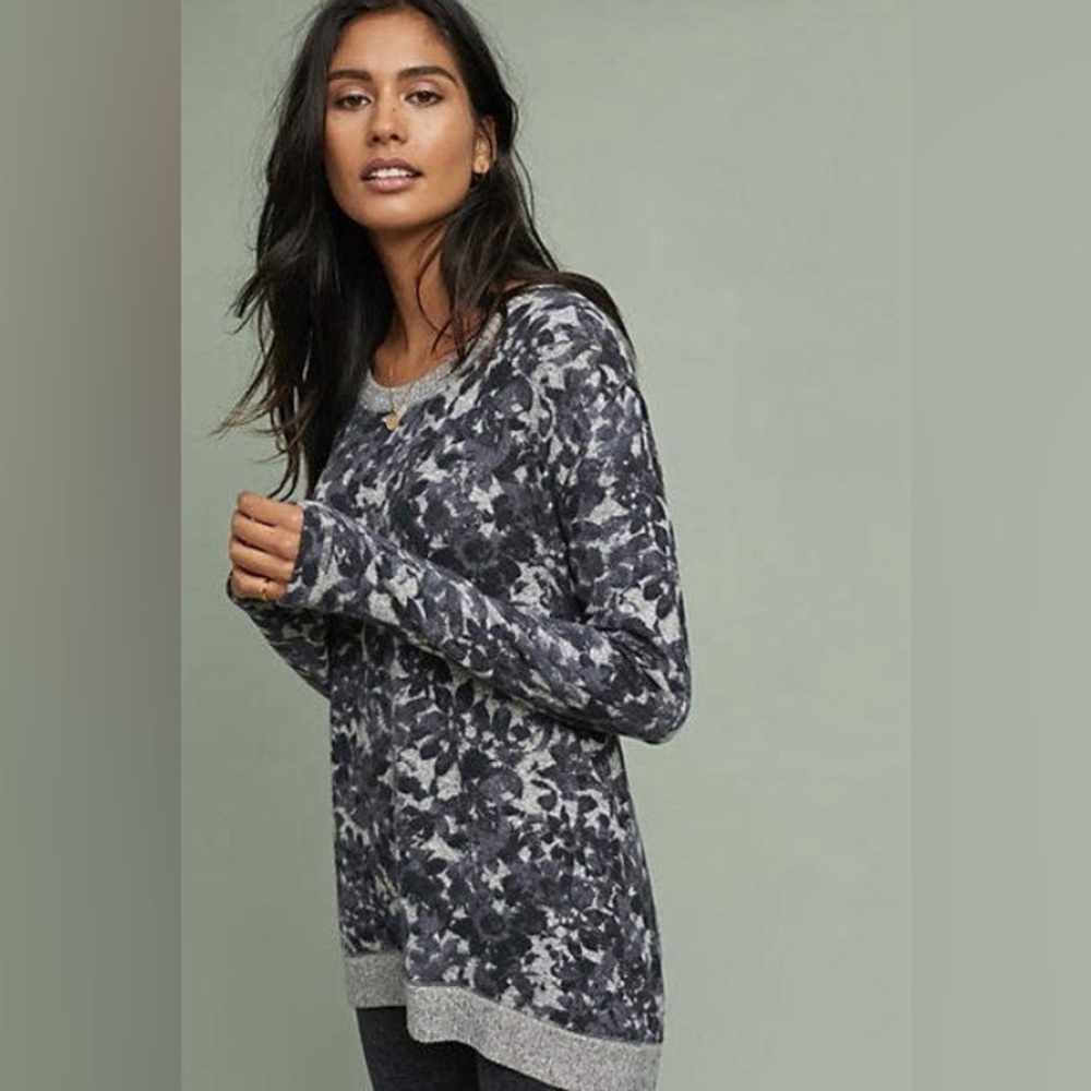 Anthropologie Saturday Sunday Gray Floral Pullover Sweater neutral casual cozy
